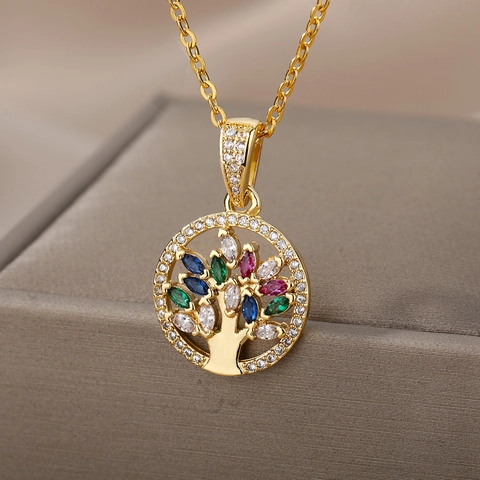 Collana Con Pendente in Rame Zirconia Albero Della Vita Malocchio Cuore Elefante Gioielli Pendolari Galvanizzati per Donna
