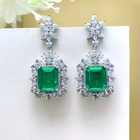 Emerald Cut Green Zircon Drop Earrings Copper Vintage Royal Style Women Formal Party Luxury Dangle Jewelry