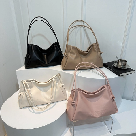 Women Minimalist PU Leather Tote Bag Embossed Letter Large Capacity Underarm Shoulder Bag Slouchy Handbag Daily Commuting Knot Decor