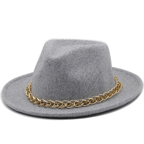 Elegante Cappello Fedora In Feltro Con Catena In Metallo Dorato Cappello Jazz Vintage A Tesa Larga Da Donna