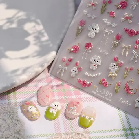 Pegatinas Uñas En Relieve 3D TL-390 Flor Tulipán Cachorro Blanco Lazo Lindo Perla Artificial Calcomanías Auto Adhesivas Estilo Coreano DIY