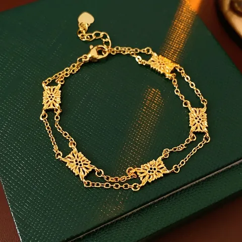 Vintage Hollow Flower Double Layer Chain Bracelet Retro Copper Jewelry For Women With Adjustable Heart Charm