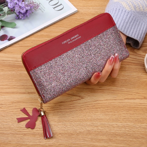 Women Long Wallet PU Leather Glitter Patchwork Zip Around Clutch With Tassel Bow Charm Multi Card Slots Phone Pocket