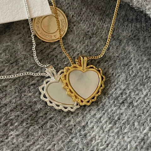 Collana A Cuore In Argento Sterling 925 Con Madreperla Bianca Bordo Festonato Ciondolo Retro Elegante Gioielli Donna