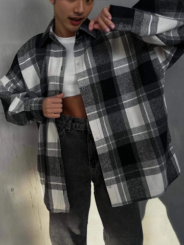 Dames Geblokt Overhemd Jack Oversized Geborsteld Lange Mouwen Knoppen Retro Casual Bovenkleding