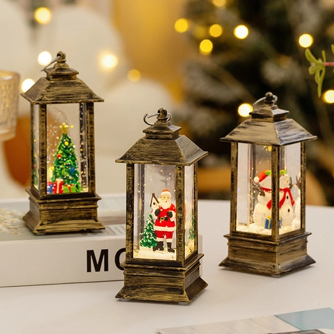 Christmas Lantern LED Snow Globe Water Filled Floating Glitter Vintage Retro Desktop Decoration Holiday Gift Santa Snowman