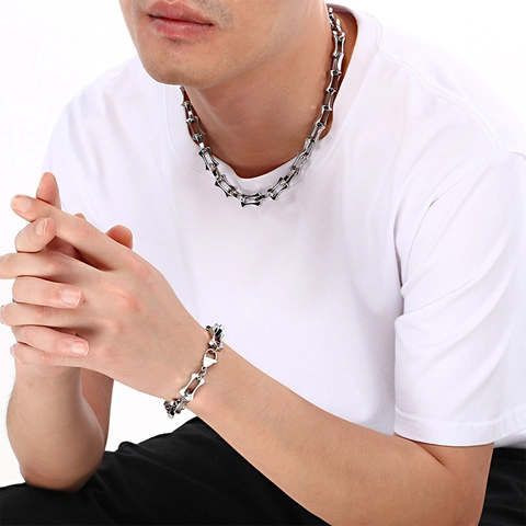 Joyas De Collar Y Pulsera Acero Inoxidable Eslabones De Bambú Curvados Hip Hop Moderno Para Hombres