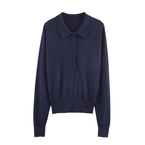 Polo In Maglia A Maniche Lunghe Da Donna Tinta Unita Bottoni Polsini A Costine Casual Slim Top Poliestere Acrilico Maglione