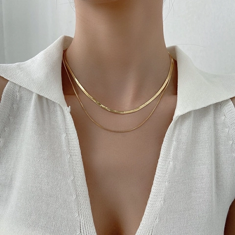 Double Layer Snake Bone Chain Necklace Titanium Steel Flat Herringbone Minimalist Jewelry For Women