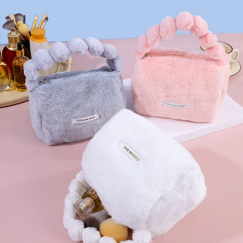 Plush Makeup Bag Cosmetic Pouch Fluffy Travel Storage Handbag Bubble Handle Soft Faux Fur Handheld Organizer Solid Color