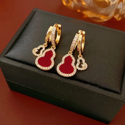 Gourd Drop Oorbellen Koper Verguld 925 Sterling Zilveren Oorsteker Zirkoon Elegant Chinese Stijl Sieraden Vrouwen