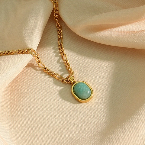 Collar con Colgante de Amazonita de Acero Inoxidable para Mujer Cadena Figaro Chapada en Oro Collar de Piedra Natural