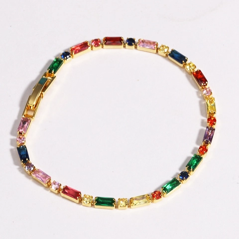 Women Fashion Bracelet Colorful Rainbow Zircon Baguette Cut Copper Gold Plated Luxury Tennis Jewelry Gift