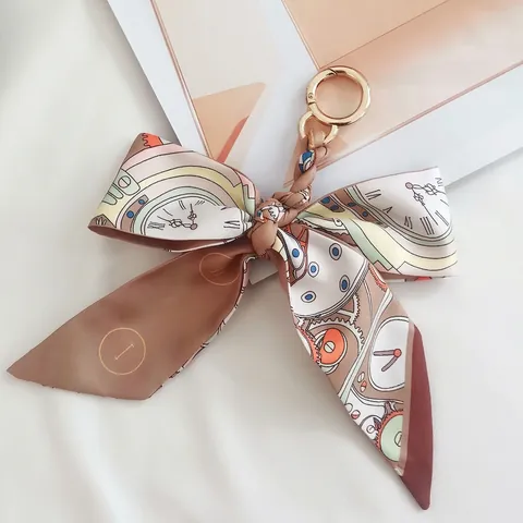Dames Koreaanse Stijl Satijn Strik Sjaal Sleutelhanger Bedrukt Bloemen Lint Tas Hanger Elegant Auto Sleutelhanger Accessoire