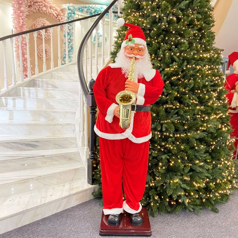 Large Musical Animated Standing Santa Claus Figure Playing Saxophone Violin Red Velvet Holiday Home Mall Decoration Gift