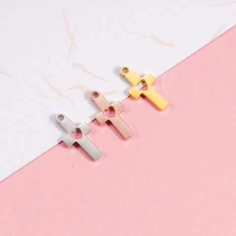Dijes De Cruz Acero Inoxidable 304 Corazón Hueco DIY Accesorios De Joyería Espejo Pulido Religioso Minimalista