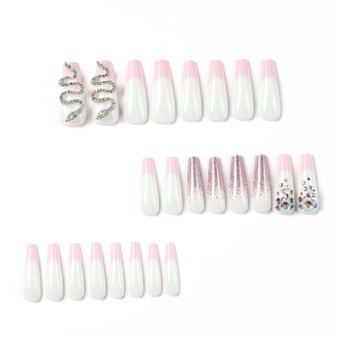 Lange Coffin Aufpressnägel Rosa Weiß French Style Strass Schlange Charme Glitzer Künstliche Nägel Für Damen