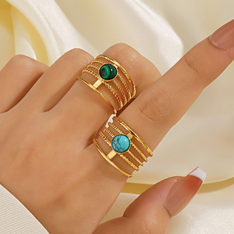 Vintage Verstellbarer Ring Edelstahl Malachit Türkis Geometrisch Lagenlook Mode Für Frauen