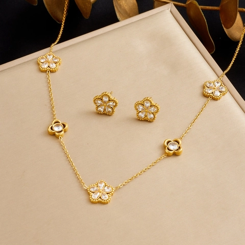 Gioielli Floreali Acciaio Inossidabile Placcato Oro Zircone Trasparente Collana E Orecchini Floreali Per Donna Stile Vintage Elegante
