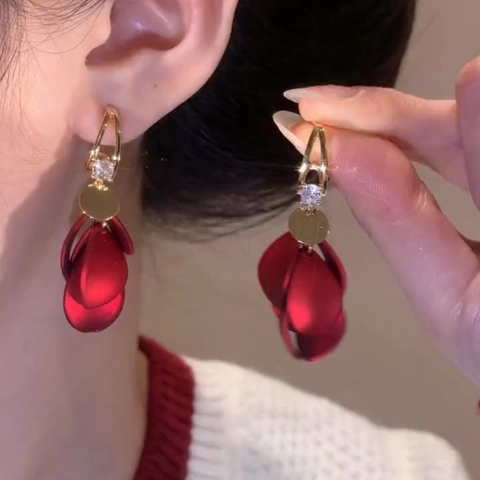 Orecchini Pendenti Con Petali Rossi Con Perno In Argento Lega Acrilico Zircone Retro Elegante Gioielli Donne
