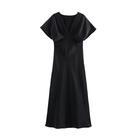 Women Elegant V-Neck Short Sleeve Satin Midi Dress Solid Color A-Line Evening Party Dress Smooth Silky Texture Casual Dress