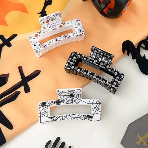 Pinzas Para El Cabello De Halloween Plástico Cuadradas Grandes Patrón De Calabaza Fantasma Calavera Antideslizantes Accesorios Festivos Para Mujeres