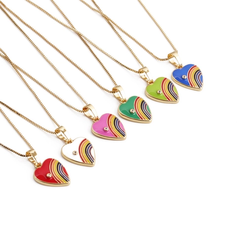 Herzanhänger Halskette Kupfer Vergoldet Regenbogen Emaille Mit Zirkonia Für Damen Minimalistische Boxkette