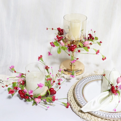 Valentine's Day Heart Candle Ring Mini Wreath With Red Pink Foam Hearts Paper Flowers Green Leaves For Table Centerpiece