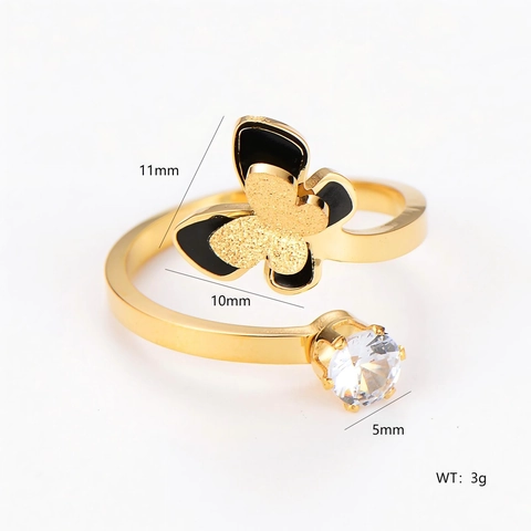 Anillo Abierto Mariposa Acero Inoxidable 304 Circón Incrustado Esmalte Negro Ajustable Joyería Moda Romántica Mujeres