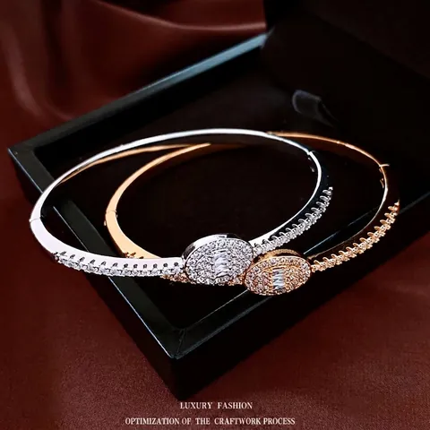 Oval Micro Pave Zircon Bangle Copper Gold Plated Silver Minimalist Light Luxury Fashion Jewelry For Women