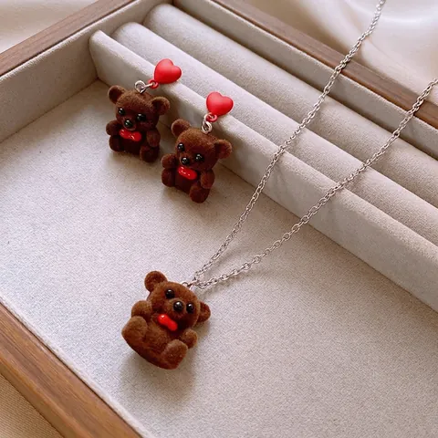 Collana Con Orsetto Di Peluche Floccato In Lega E Orecchini A Cuore Rosso Con Perno In Argento Retrò Kawaii Per Donne
