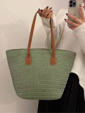 Women Large Capacity Straw Woven Tote Bag Summer Beach Vacation Shoulder Handbag With PU Leather Handle Zipper Closure