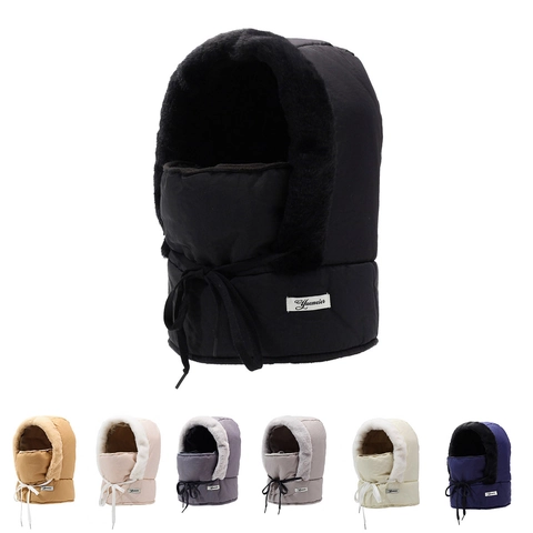 Winter Windproof Lei Feng Hat For Men Women With Integrated Face Mask Scarf Faux Fur Lined Thick Warm Outdoor Cycling Cap