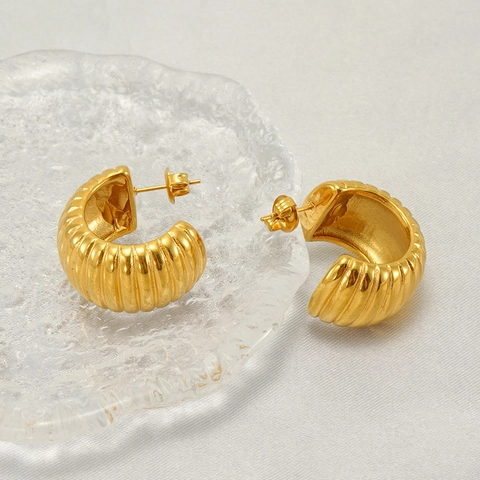 Boucles D'oreilles Créoles En Forme De C Texture Acier Inoxydable Plaqué Or 18K Design Croissant Vintage Pour Femmes
