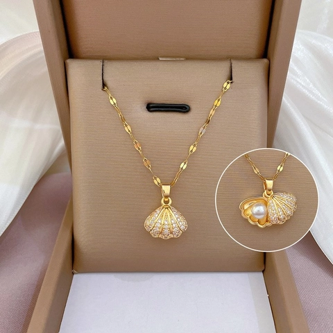 Shell Pendant Necklace Titanium Steel And Copper With Artificial Pearl And Zircon Elegant Jewelry For Women