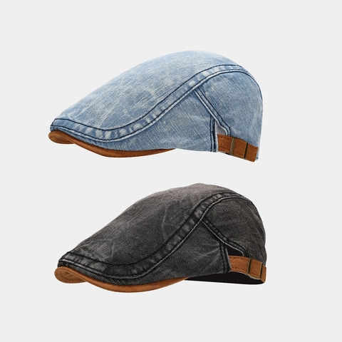 Vintage Denim Platte Pet Gewassen Katoen Met Contrastkleurige Klep Verstelbare Gesp Retro Stijl Unisexe