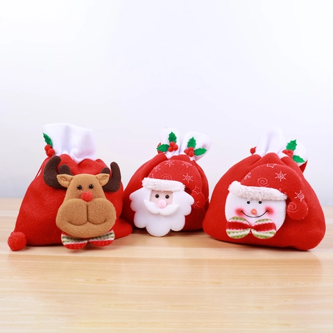 Christmas 3D Cartoon Santa Claus Snowman Bear Reindeer Gift Bag Plush Flannel Candy Drawstring Pouch Holiday Party Decor