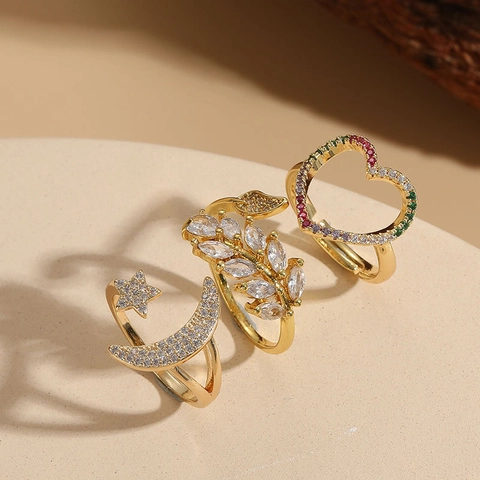 Anello Aperto Regolabile In Rame E Zircone Per Donna Stella Luna Cuore Forme Foglia Placcato Oro Gioielli Minimalisti Moda