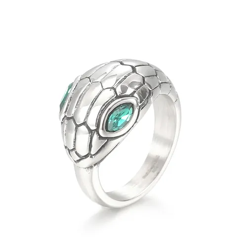 Snake Head Ring 316L Stainless Steel With Green Eyes Rhinestone Punk Style Animal Zodiac Polished For Men