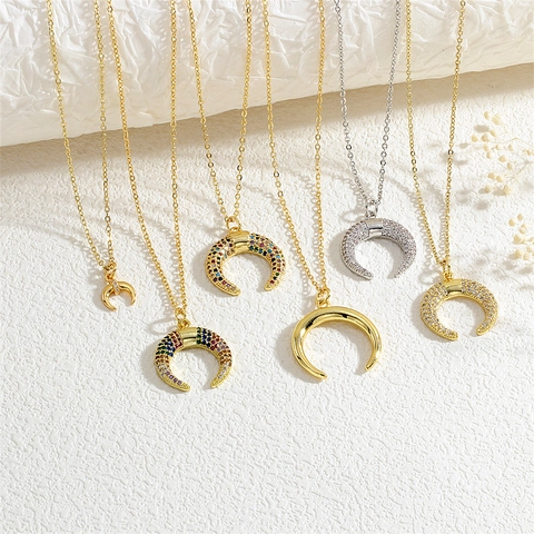 Collana Con Pendente a Corno in Rame e Zirconia Minimalista per Donna Uomo Placcato Oro Argento Strass Colorati Gioielli