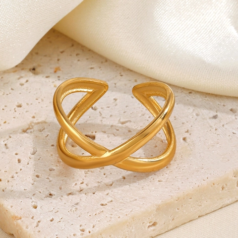 Anillo Abierto Geométrico Minimalista Cruzado En X Acero Inoxidable Chapado En Oro De 18K Ajustable Joyería De Moda Para Mujer