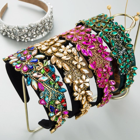 Cerchietto a Fiori con Strass Barocco di Lusso per Donna Vintage Colorato Cristallo di Vetro Perlato Fascia Larga Accessori per Feste Matrimonio