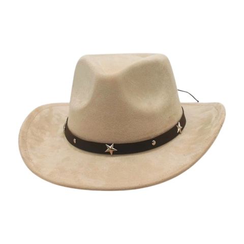 Cappello Da Cowboy Occidentale In Similpelle Scamosciata Tesa Larga Con Cintura In Pelle Con Stelle Vintage Retro