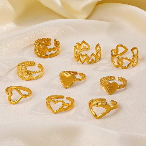 Heart Shaped Stainless Steel Rings 18K Gold Plated Adjustable Open Finger Ring Women Minimalist INS Style Hip Hop Jewelry