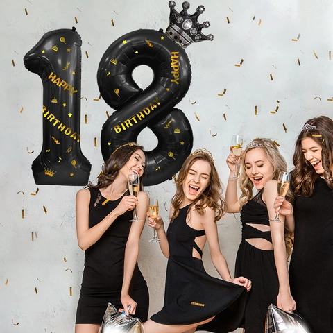 Grande Palloncino in Foil con Numero Nero Oro con Corona Adesivo Buon Compleanno per Decorazione Festa di Compleanno Oggetti di Scena Fotografici