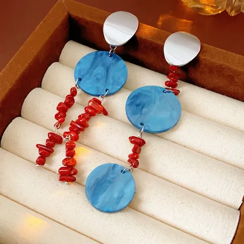 Orecchini Lunghi Pendenti Asimmetrici Bohémien Con Silver Earring Post Resina Marmo Blu E Perle Di Pietra Rossa Vintage Per Donna