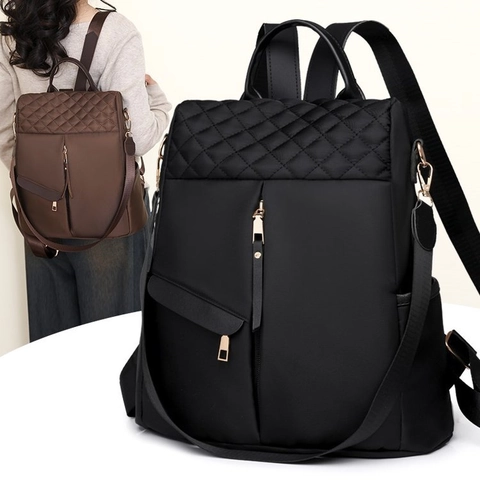 Mochila De Moda Para Mujer Nylon Tela Oxford Acolchada Patrón Diamante Bolsillos Múltiples Antirrobo Viaje Informal Ligera