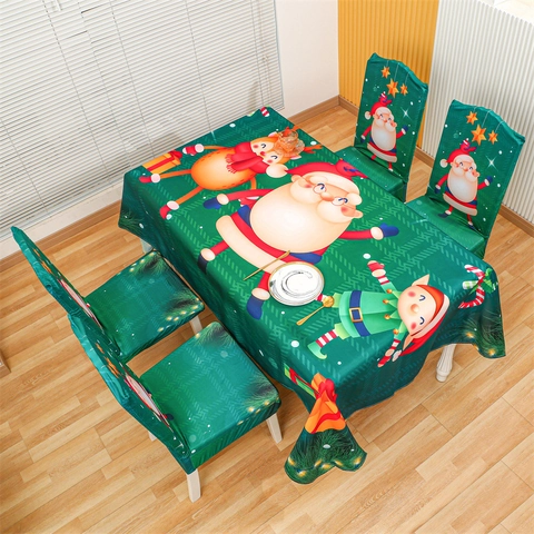 Weihnachten Dekoration Tischdecke Und Stuhlbezug Set Elastisches Polyester Spandex Bedruckt Weihnachtsmann Schneemann Rentier Buffalo Karo Für Party Heimdekor