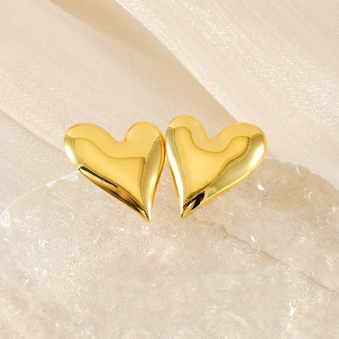 Herz Stecker Ohrringe 18K Vergoldet Edelstahl 3D Stereoskopisch Glänzend Spiegelpoliert Minimalistischer Schmuck Frauen