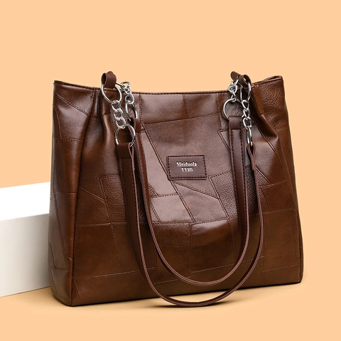 Patchwork PU Leder Tote Tasche Große Kapazität Retro Schulterhandtasche Damen Pendler College Student